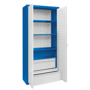 Universal cabinet: 4 painted shelves, 2 small sets of drawers, perforated boards