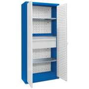 Universal cabinet: 3 galvanised shelves, 1 small set of drawers, perforated boards