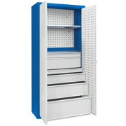 Universal cabinet: 2 galvanised shelves, 1 small and 1 large drawer set, perforated boards