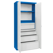 Universal cabinet: 2 painted shelves, 1 small and 1 large drawer set, perforated boards