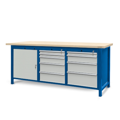 Workbench 2100 x 740: 1 cabinet S12, 1 cabinet S13, 1 cabinet S14 (9 drawers, 1 locker)