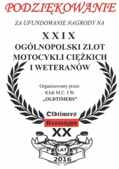 Podziękowanie za ufundowanie nagrody na XXIX Ogólnopolski Zlot Motocykli Ciężkich