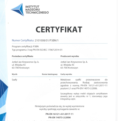 Szafki szkolne Jotkel - Certyfikat Zgodności został wydany przez Instytut Nadzoru Technicznego